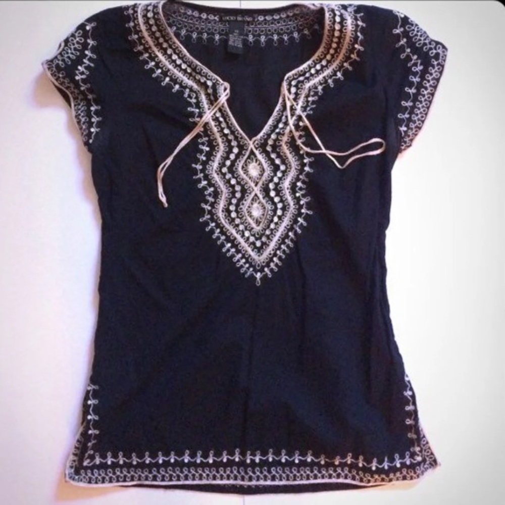 Lucky Brand Embroidered Top Black Gold XS